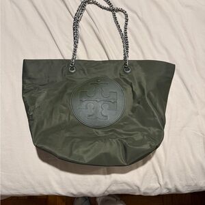 Tory Burch Ella Olive Nylon Logo Tote with Silver Chain Straps